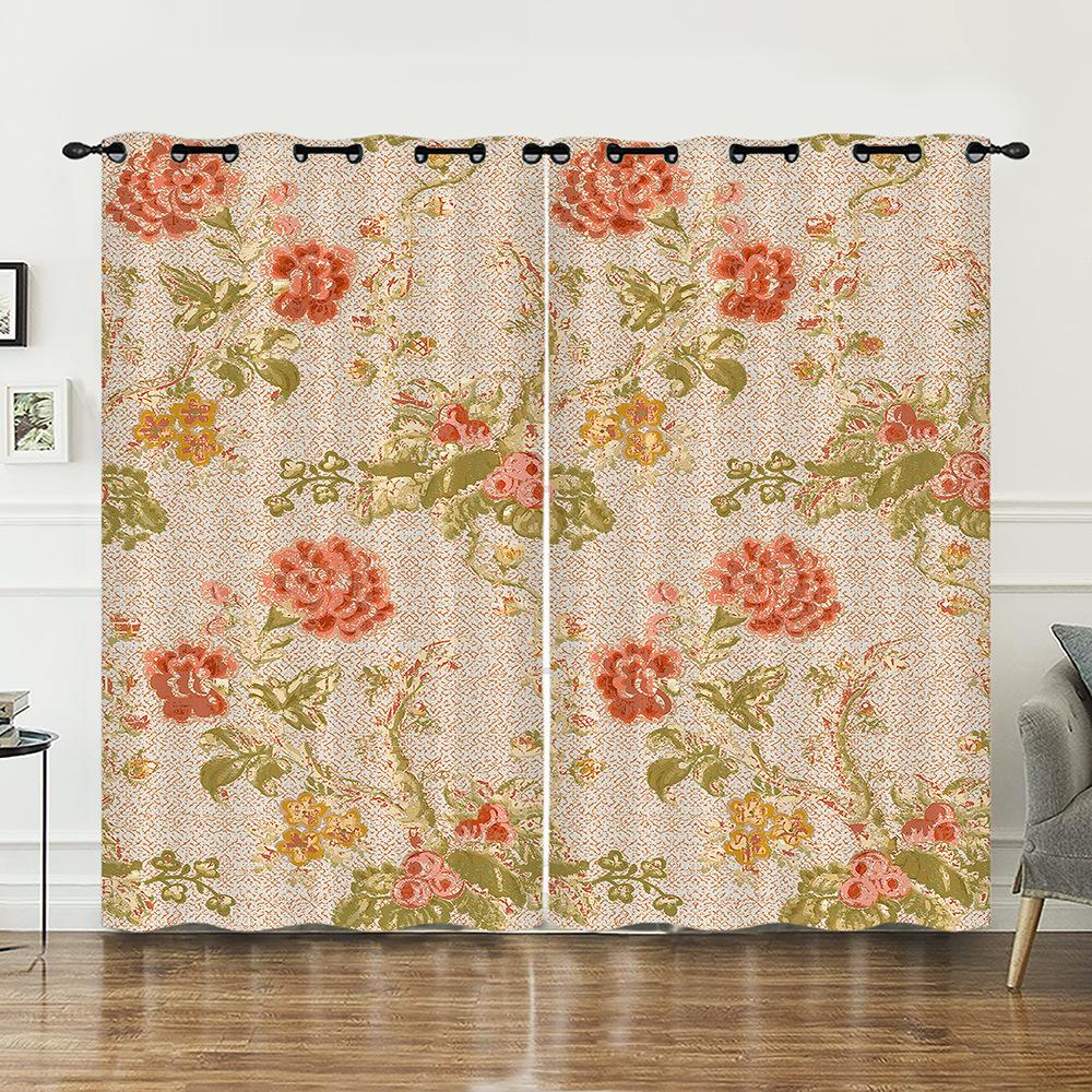 Curtains Court Pattern Retro Flower Curtain Digital Printing Blackout Curtain No Punching
