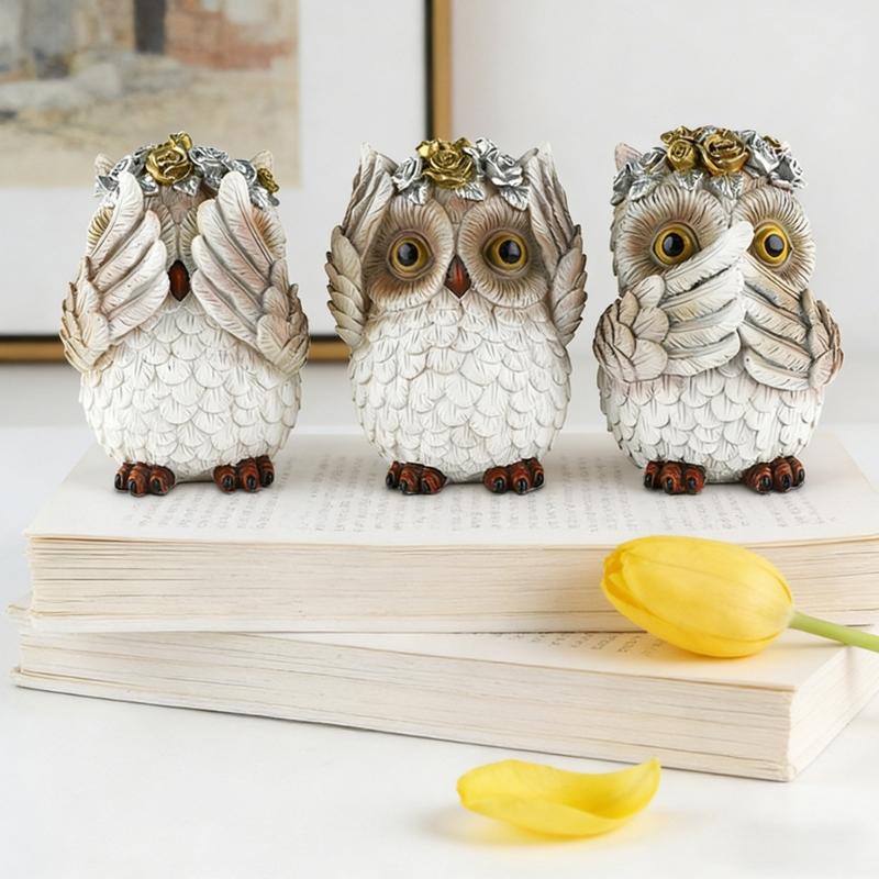 1Pc No See No Evils Hear No Evil Speak Owl Figurines Resin Owl Statues Home Decors Collectibles Animal Sculptures