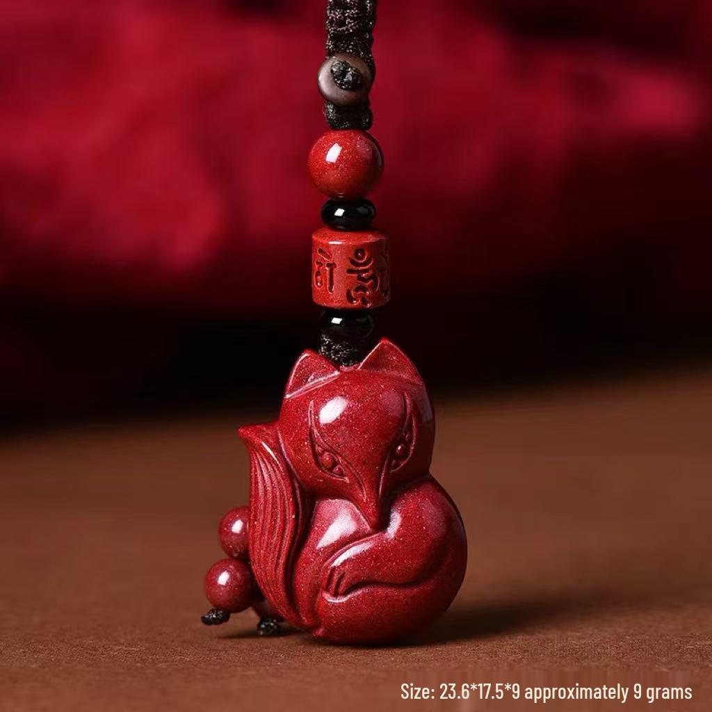 Cinnabar Zisha Red Nine-Tailed Fox Pendant Necklace & Keychain Charm