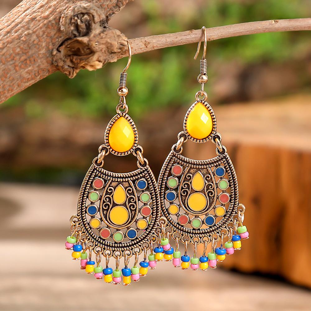 Classic Vintage Bohemian Colorful Drop Earrings for Women Unique Rice Bead Tassel Hollow Dangle Earring Vacation Jewelry Gift