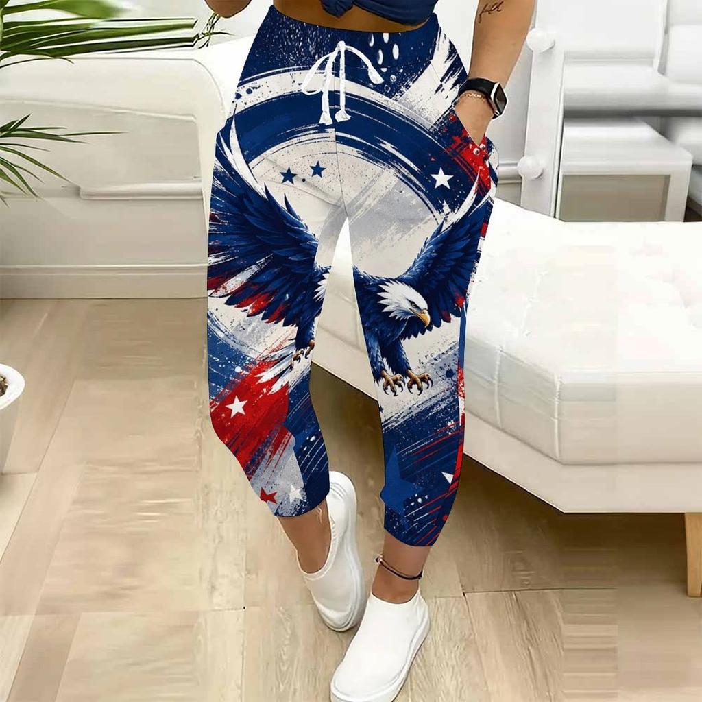Women Plus Size American Eagle Flag Printed Jogger Pants Drawstring Waist Side Pockets Cuffed Ankle