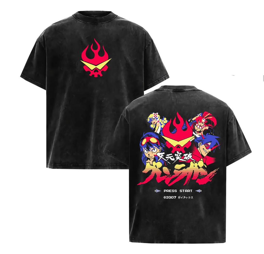 Vintage Washed Anime Tengen Toppa Gurren Lagann Graphic T Shirt Unisexs Oversized Harajuku Fashion Short Sleeve Tshirt Streetwear