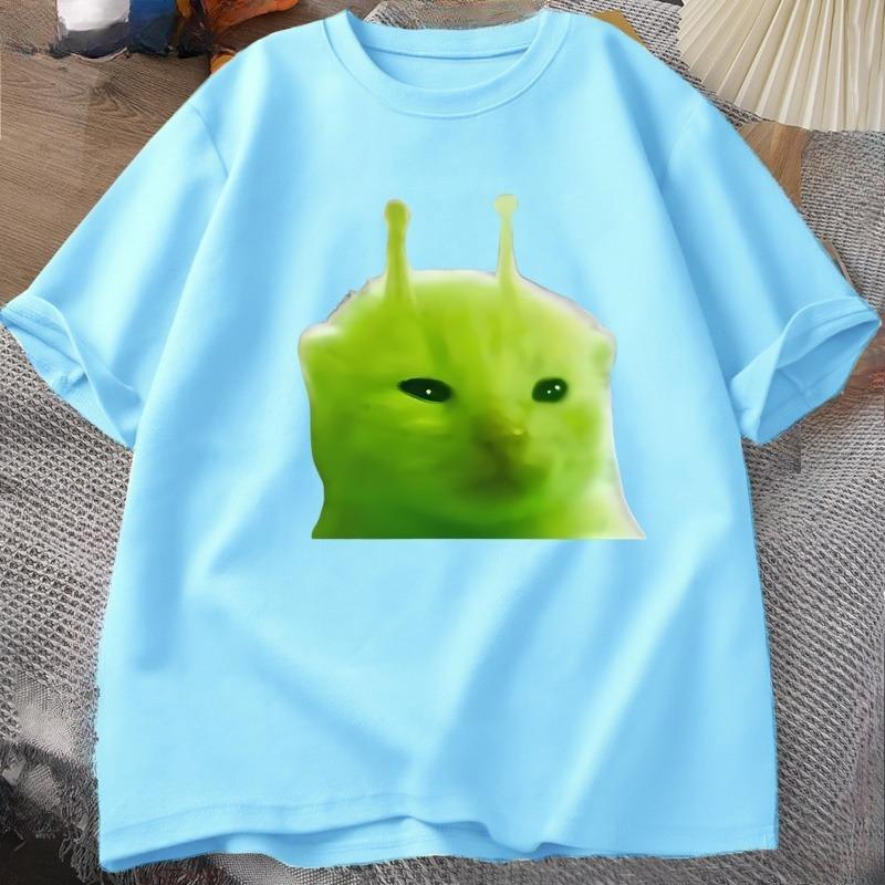T-shirt Chat Alien Vert Femme Unisexe Chat Meme Tee Glorp Gnarp Cerveau de Chat T-shirt Mignon Rigolo Hauts Courts Manches Courtes en Coton Amples