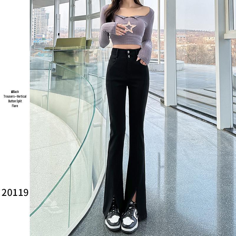 Women's Black High-Waist Flare Jeans with Split Hem - Slimming Petite Spring/Autumn Style 2025.