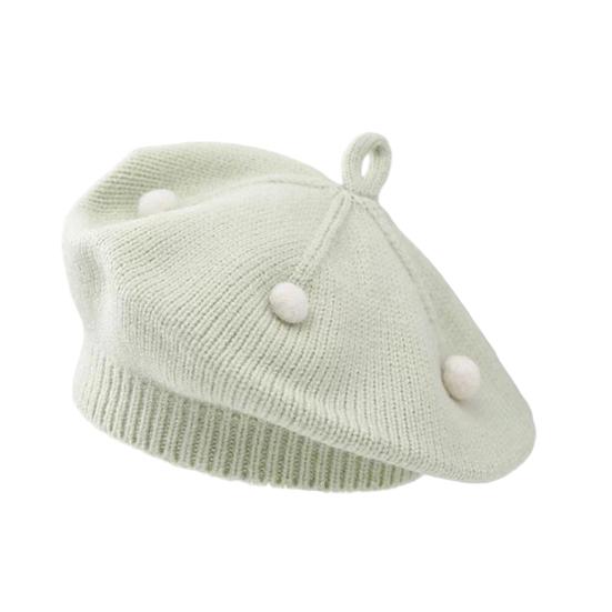 French Style Beret Hat Plush Ball Decor Baby Beret Hat with Anti-Slip Design Elastic Fit Warm Knitting Hat Autumn Winter Headwear