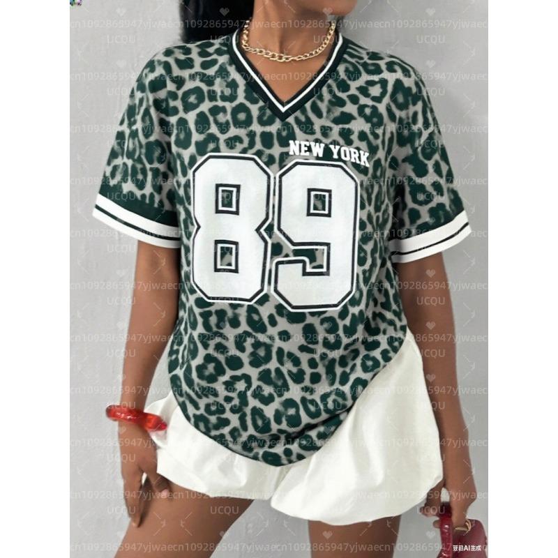 

Women s NEW YORK Leopard NO.89 Print V-Neck Short Sleeve T-Shirt Summer Graphic Tee Baseball Jerseys Plus Size Sport T-Shirt S