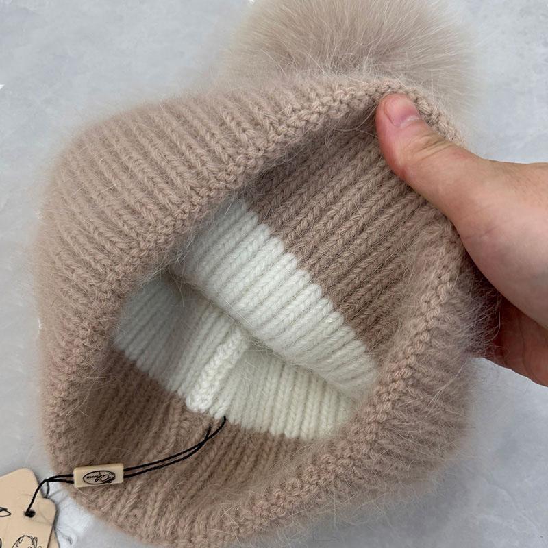 Double-layer rabbit plush knitted hat women's autumn and winter double-layer warm color matching versatile pile hat fox hairball hat