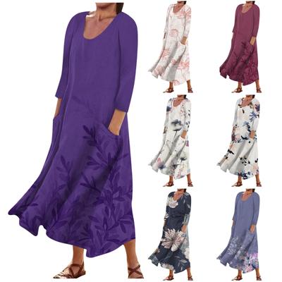 Women's Fashion Casual Print Round Neck 3/4 Sleeve Loose Pocket Dress