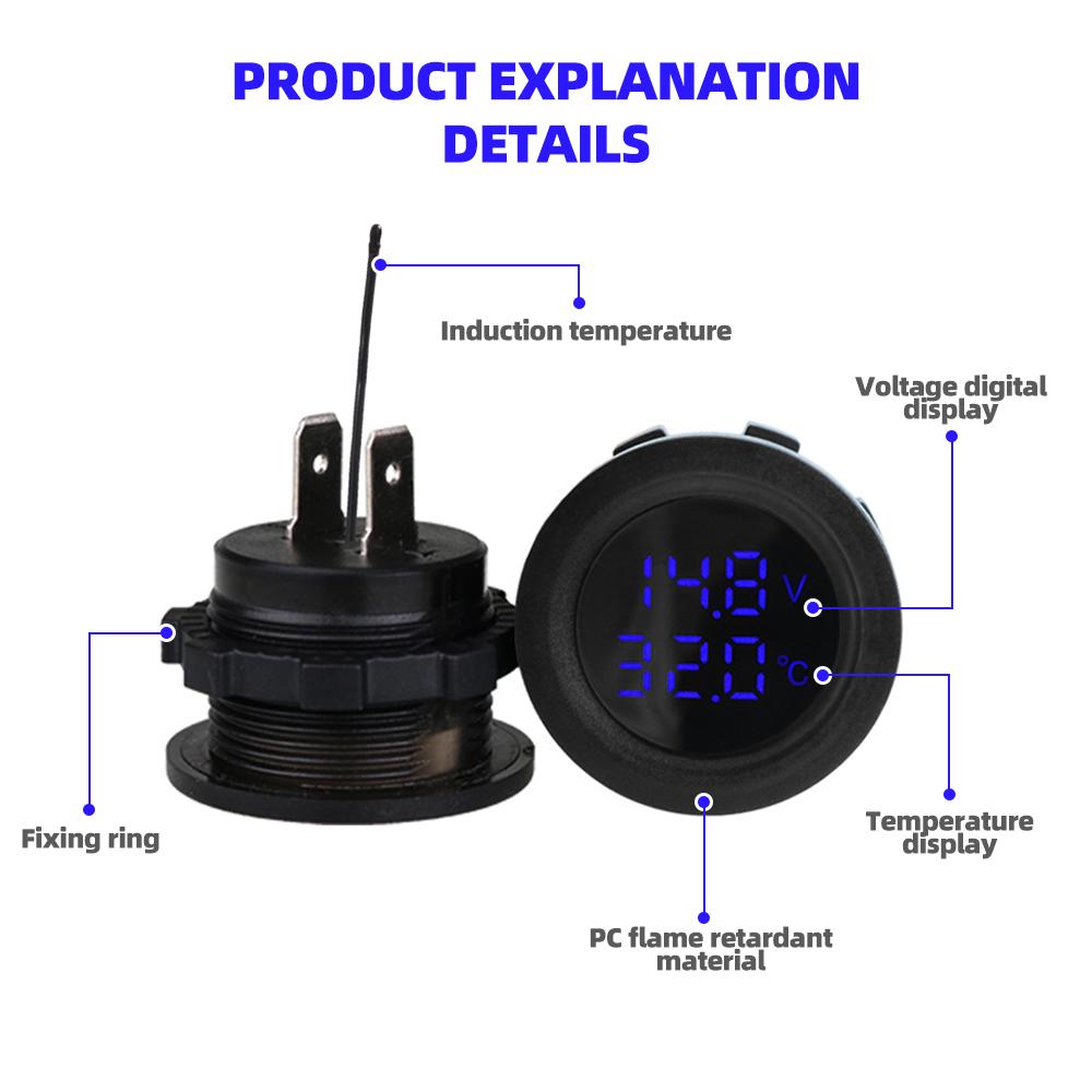 Kebidumei Car Round Temperature Voltmeter 12-24V Auto Voltage Meter Display Digital Measurement Car Motorcycle Boat Thermometer