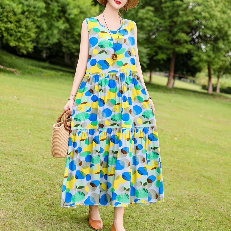 Elegant Sleeveless Dress for Women Plus Size Loose Vintage Print Long Dress Summer Middle-aged Women's Clothing