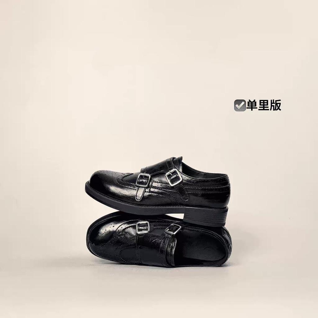 Retro double buckle thick heel small leather shoes women's spring and autumn new versatile engraved outer single shoes