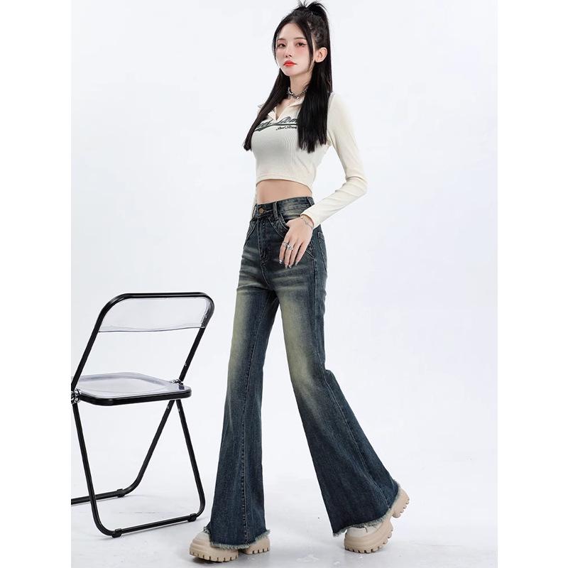 Women's High-Waisted Black Flared Jeans - 2024 Fall/Winter Collection, Slimming, Raw Hem, Floor-Length, Versatile Style