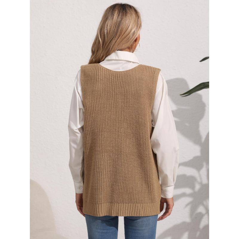 Women's Autumn and Winter Double Pocket Patchwork V-Neck Casual Sweater Vest