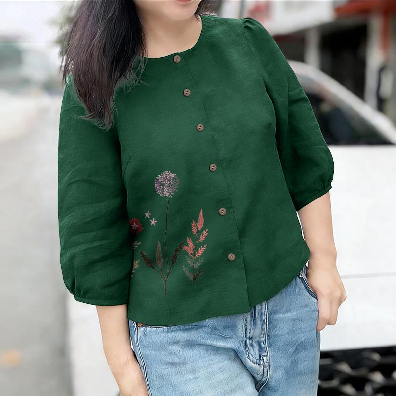 

ZANZEA Women Casual Round Neck 3/4 Sleeve Loose Print Blouse 5XL темно-зелений колір