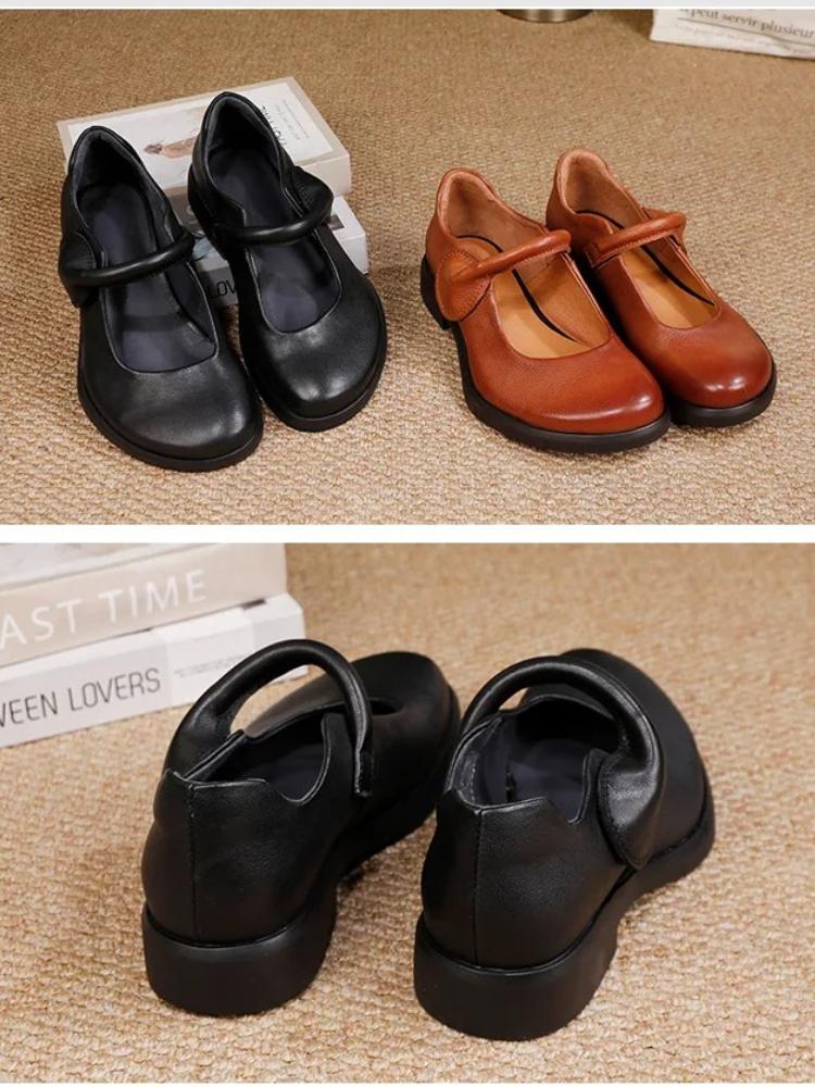 Johnature Retro Genuine Leather Women's Shoes Soft Soled Comfortable All Season Mid Heel Pumps