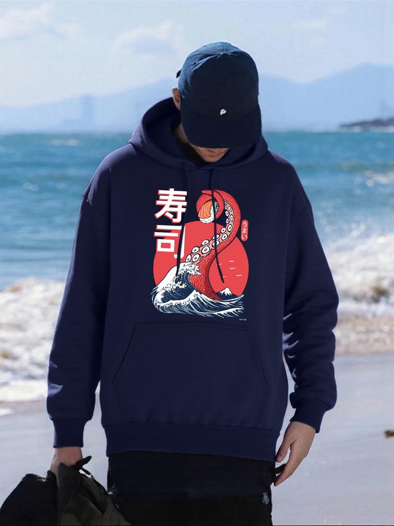 Japanese Waves Sushi Food Prints Men Hoodie Comfortable Pocket Streetwear Loose Casual Hoody All-Match Fleece Unisex Clothing