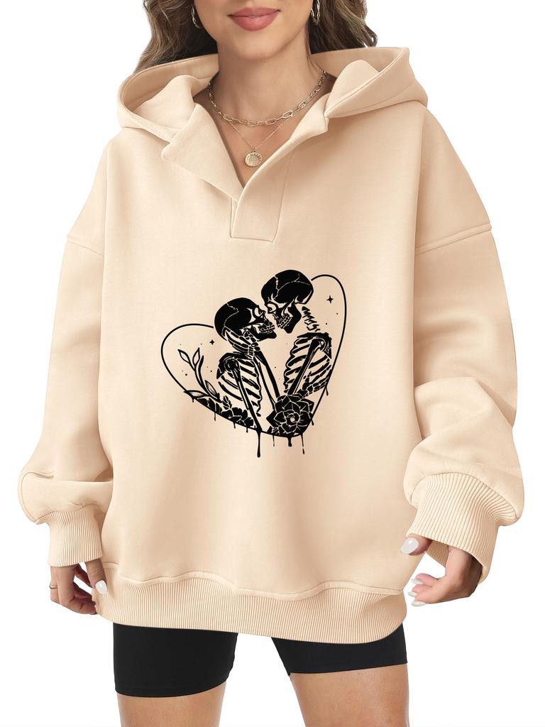2025 new European and American Halloween women's hooded sweater front and rear pattern winter fleece loose casual
