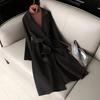 Womens Long Wool Peacoat Notched Lapel Open Front Trench Coat Slim Fit Fall Winter Warm Overcoat with Belt