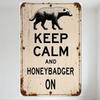 Vintage Distressed Keep Calm and Honeybadger On Metal Tin Sign - Rustic Home Bar Man Cave Decor with Honey Badger Illustration