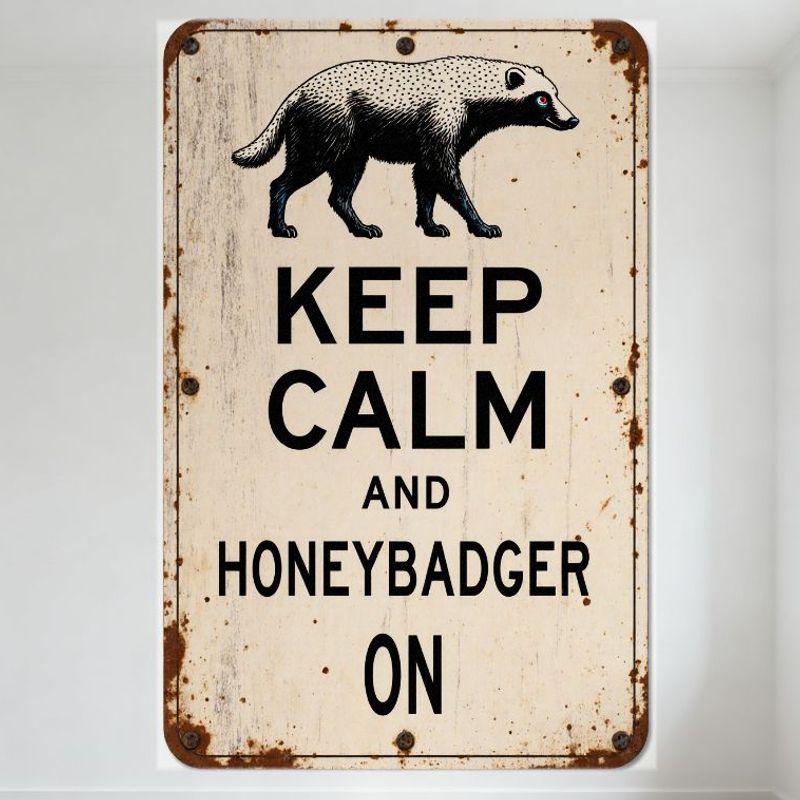 

Vintage Distressed Keep Calm and Honeybadger On Metal Tin Sign - Rustic Home Bar Man Cave Decor with Honey Badger Illustration 20x30cm（7.8x11.8inch）