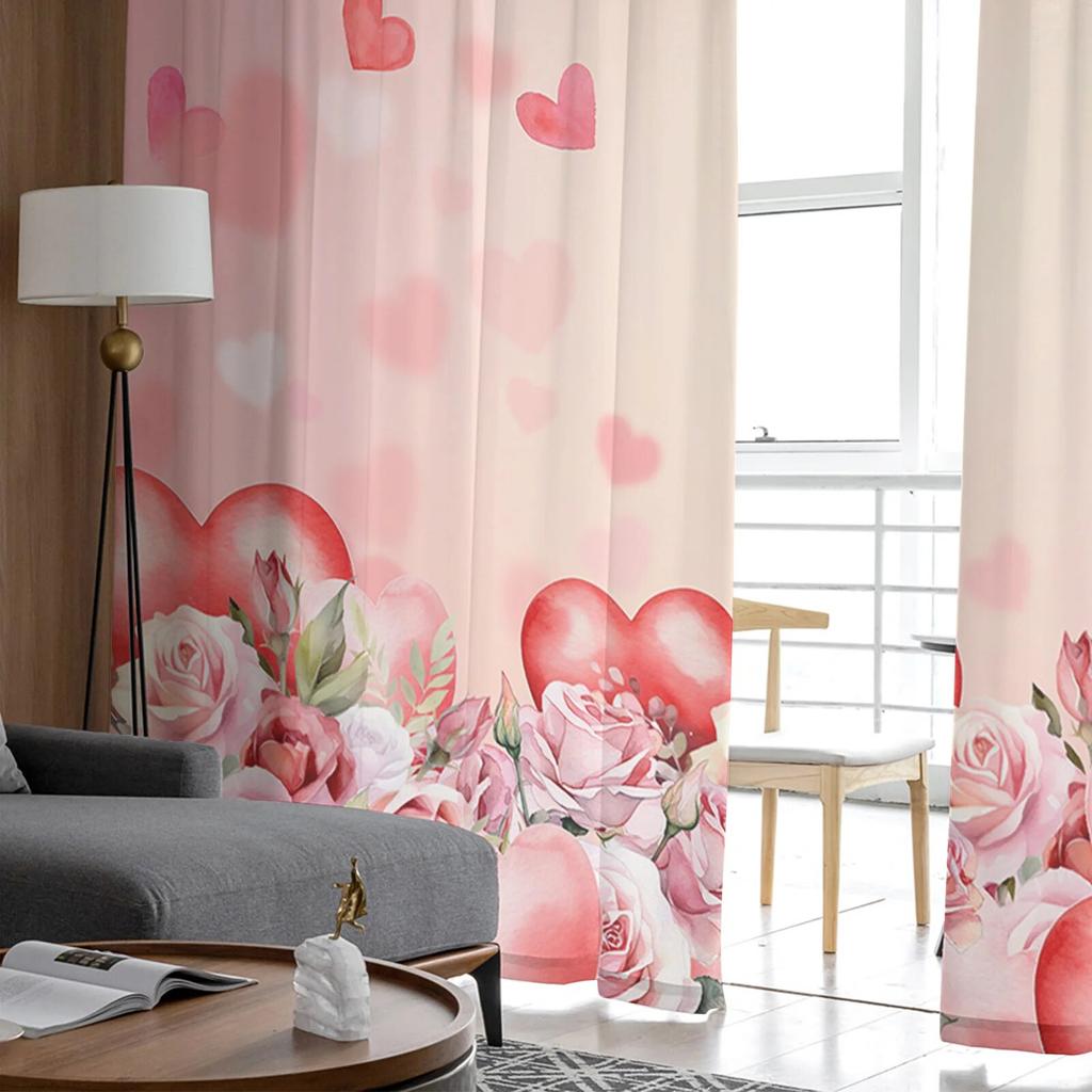 Valentinstag-Rosen lieben Tüll-Vorhänge für Wohnzimmer, transparenter Vorhang für Schlafzimmer, Küche, Jalousien, Voile-Vorhänge