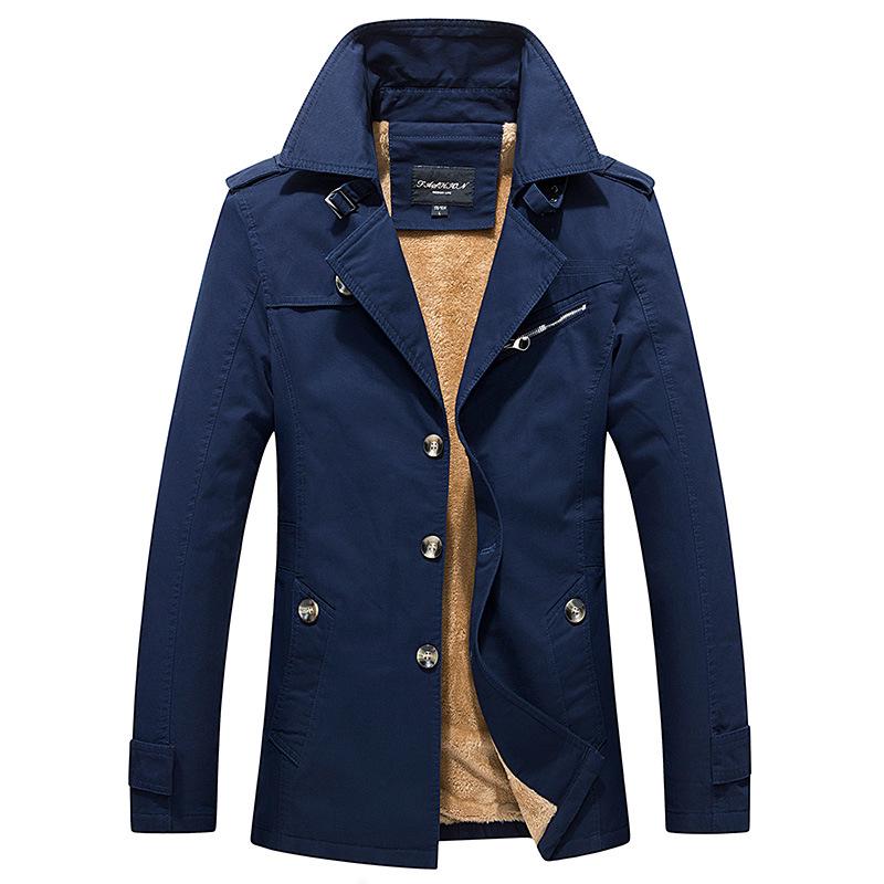 Men's Washed Cotton Fleece-Lined Mid-Length Trench Coat - Casual Autumn/Winter Outerwear