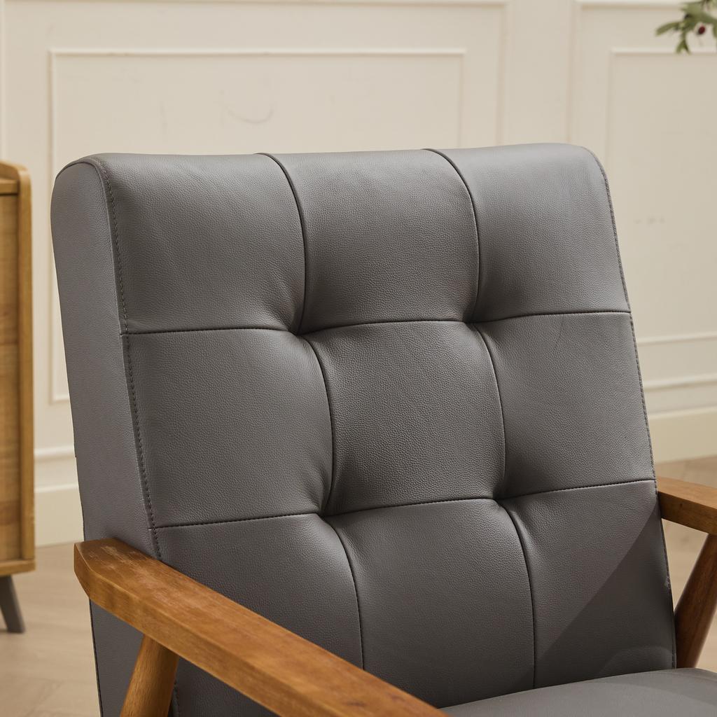 Genuine Leather Lounge Chair with Walnut-Colored Armrests & Rubberwood Legs – Comfortable Living Room Chair