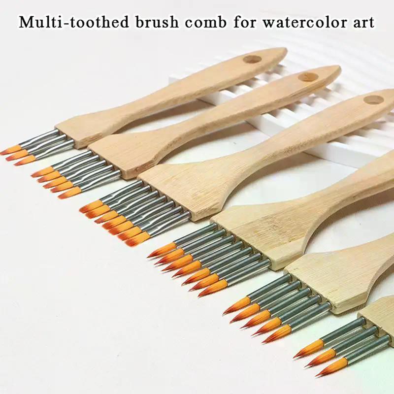 Round/Flat Multi-Tooth Comb Brush Nylon Wool Bamboo Handle Watercolor Brush Painting Supplies Art Stationery Acrylic Paint Brush