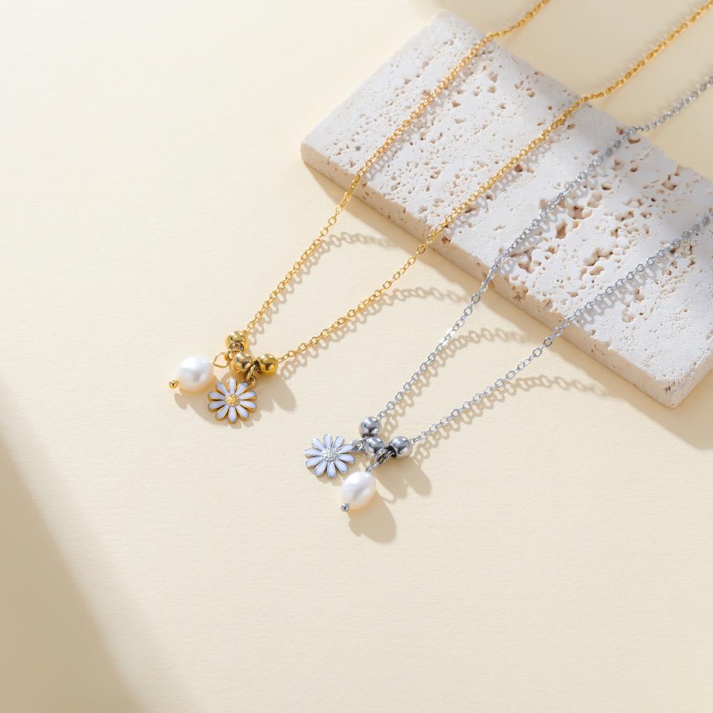 Enamel Plumeria Daisy Flower Pearl Pendant Necklaces for Women Girls Stainless Steel Imitation Pearl Gold Color Jewelry Gift