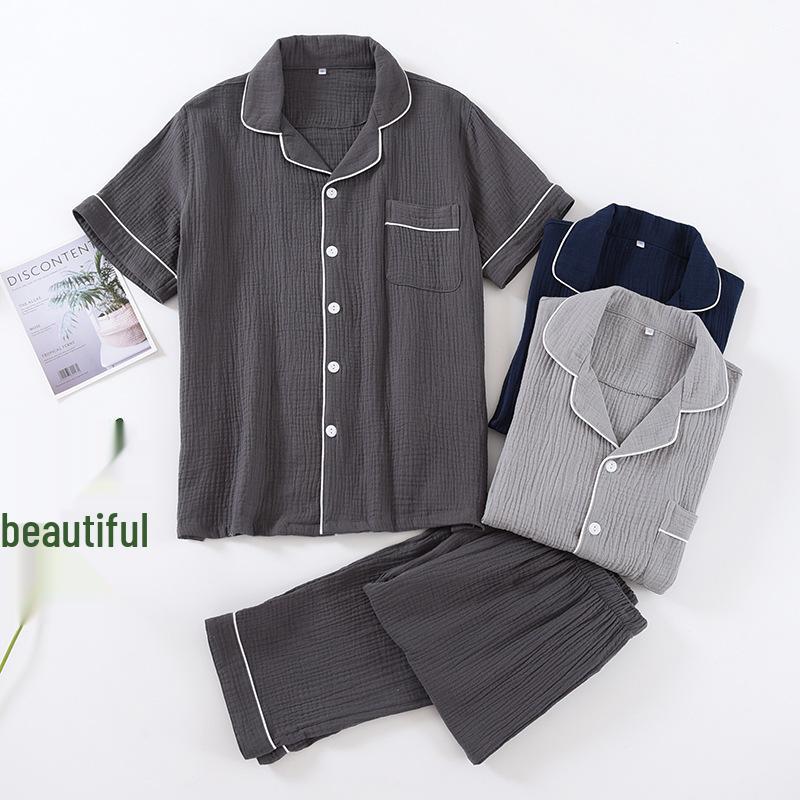 

Men s Summer Cotton Crepe Pajama Set - Short Sleeve, Long Pants, Casual Loose Fit XXL [175-185cm; 170-190kg] темно-синий