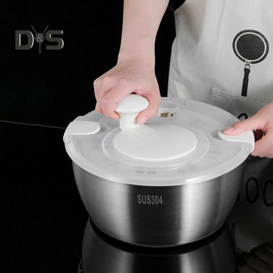 Salatschleuder aus Edelstahl mit Abtropfkorb, rutschfester Basis, Stoppknopf, großer 5,3-Quart-Gemüsetrockner