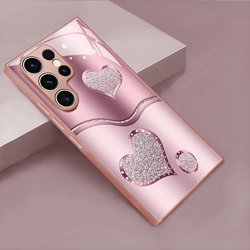 Curved Double Heart-shaped Glass Phone Case Suitable for Samsung GalaxyS26 S25 S24 S23 S22 S20FE Ultra Plus Anti Fall Back Cover