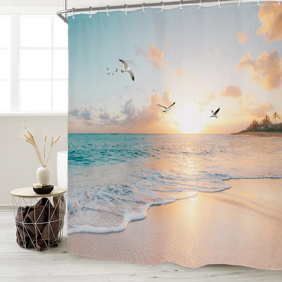 Miyotaa Beach Coastal Shower Curtain Set 60Wx71H Inches Sea Ocean Sunrise Sunset Scene Wave Seagull Hawaiian Seaside Waterproof Bathroom Curtain with