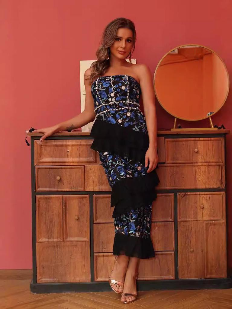 Rochie de petrecere europeană și americană fără bretele, cu dantelă cu volane, talie înaltă, subțiatoare