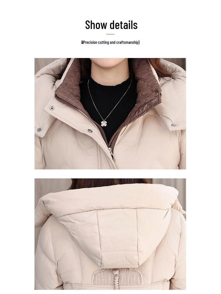 Women's Mid-Length Hooded Lace Pocket Down Jacket - 2025 Winter Slim Fit White Duck Down Coat