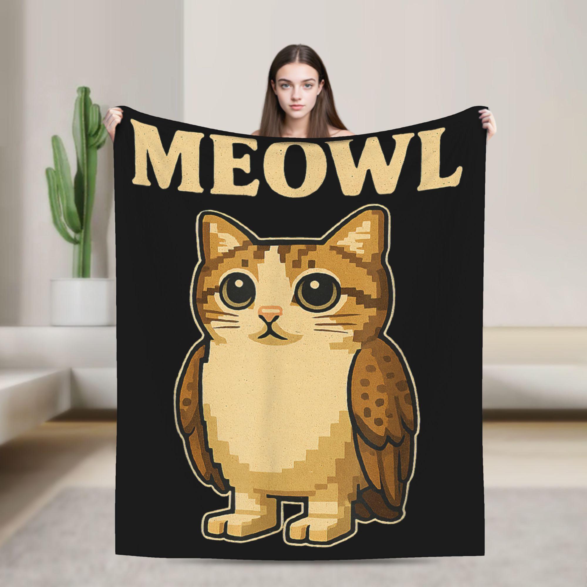 

Funny Meowl Cat Owl Brainrot Meme Knitted Blankets Flannel Trendy Super Soft Throw Blankets for Airplane Travel Multi-function 75x90cm