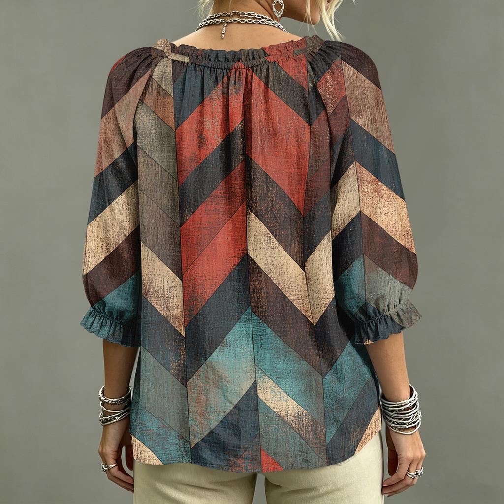 Women's Casual Printed V-Neck Ruffle Tie Blouse