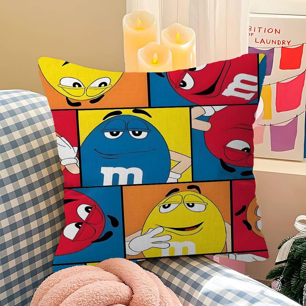 M-M&M Candy Snacks Pillow Covers Cartoon Sofa Decorative Home Double-sided Printing Short Plush Cute Cushion Cover