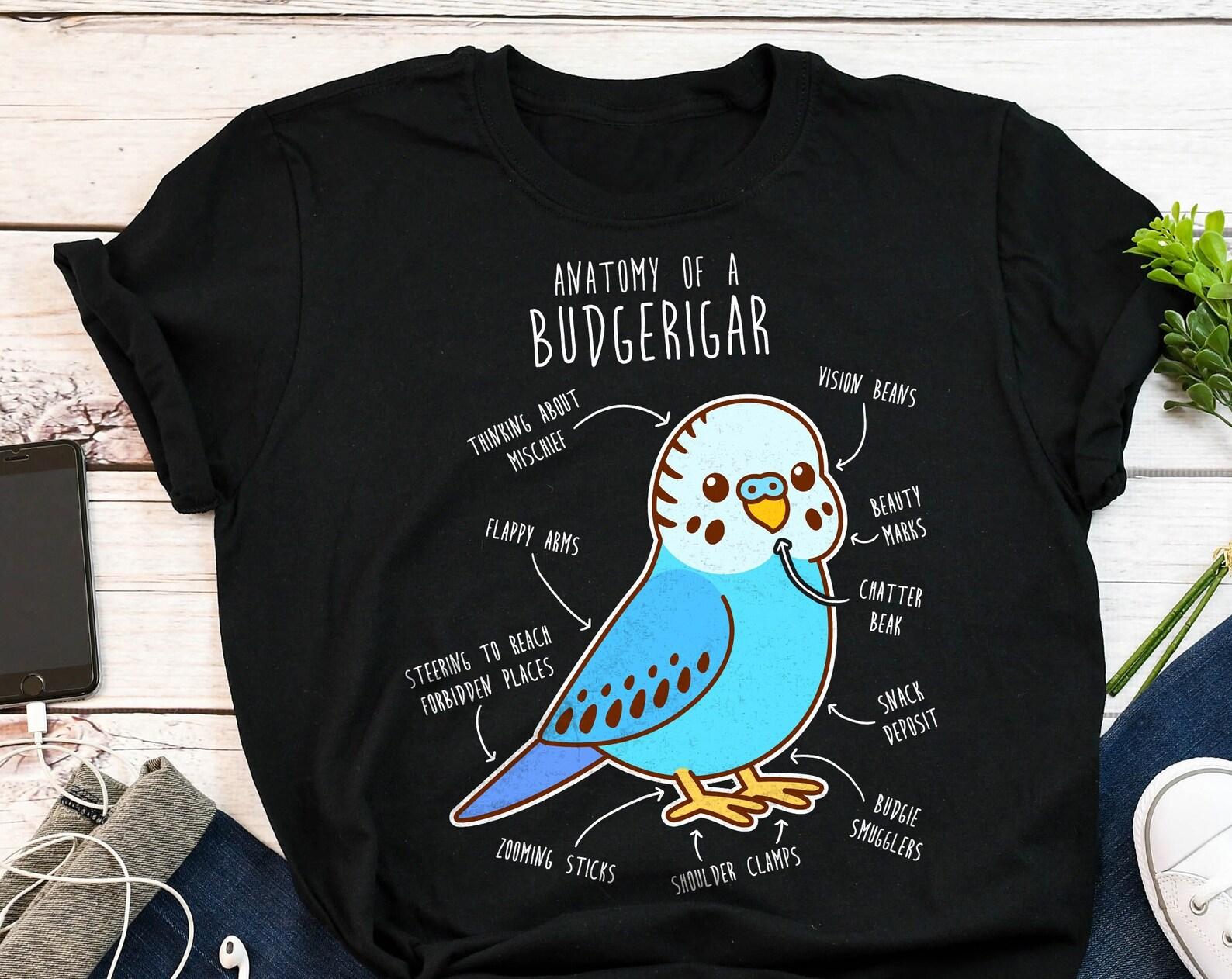 Budgie Shirt, , , Funny Parakeet Lover Gift, Cute Bird T-shirt, Budgerigar Tshirt, Pet Parrot Tee, Top, Blue Budgie, Bird Anatomy 130
