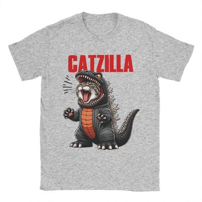 Men Catzilla Funny Cat Monster  T Shirts  Pure Cotton Clothes Creative Short Sleeve Round Neck Tees Printed T-Shirt