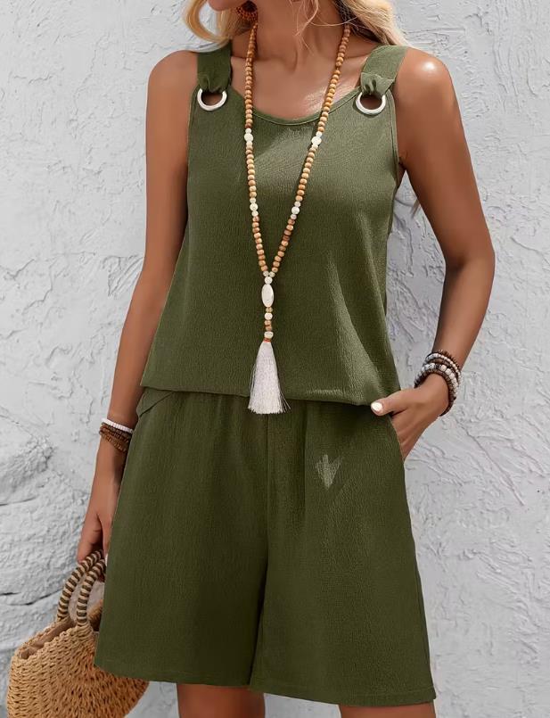 2026 Spring/Summer European and American Style Round Neck Solid Color Two-Piece Sleeveless Shorts Set for Women.