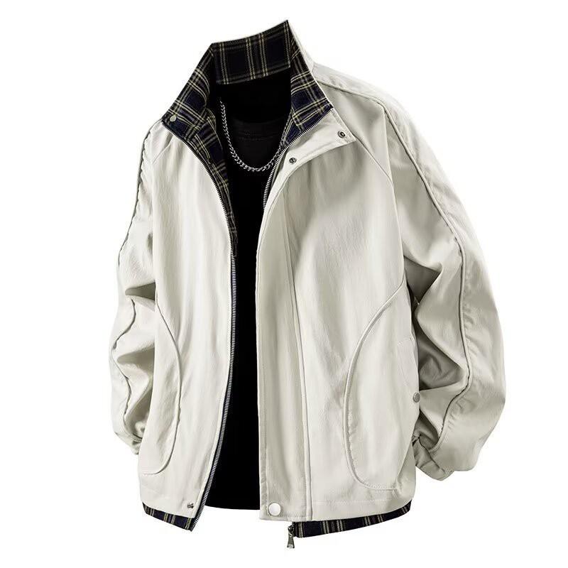 Mens Plaid Stand Collar Casual Jacket Slim Fit High Grade Outerwear