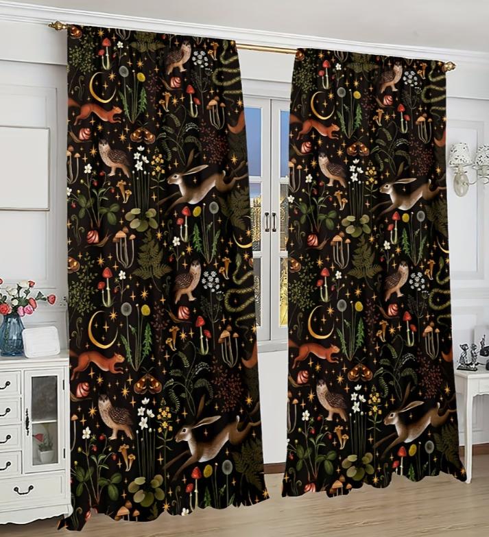 2pcs Forest Animal Floral Print Curtains Summer Scenery, Rod Pocket for Living Room Kitchen Bedroom Decor Curtains Living Room