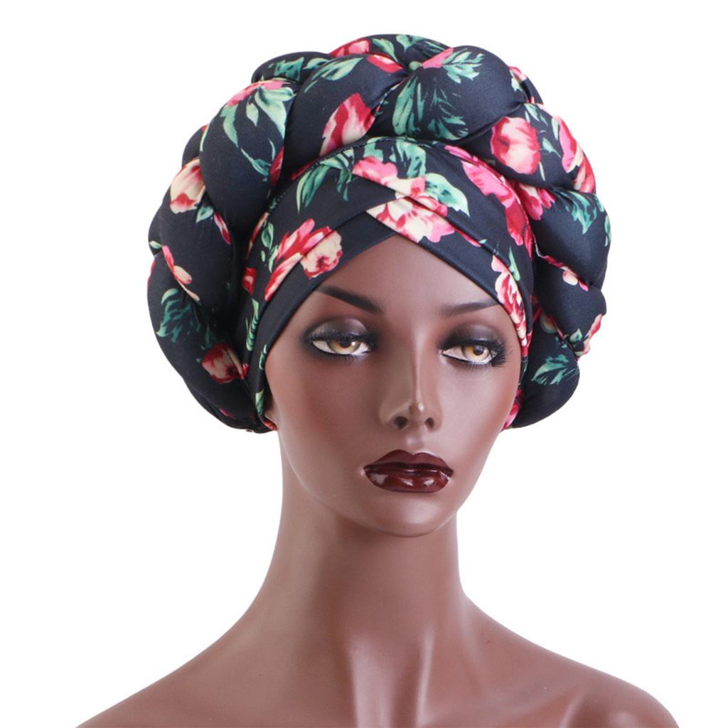African Braided Headwrap High Skull Turban Cap Flower Printed Hijab Head Scarf for Music Festival Theme Event Oversized