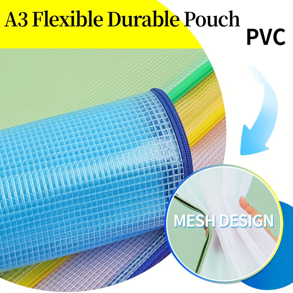 5pcs PVC Colorful A3 Zippered File Storage Bags | Durable, Modern Document Organizer Pouches for School & Office | Paper Storage