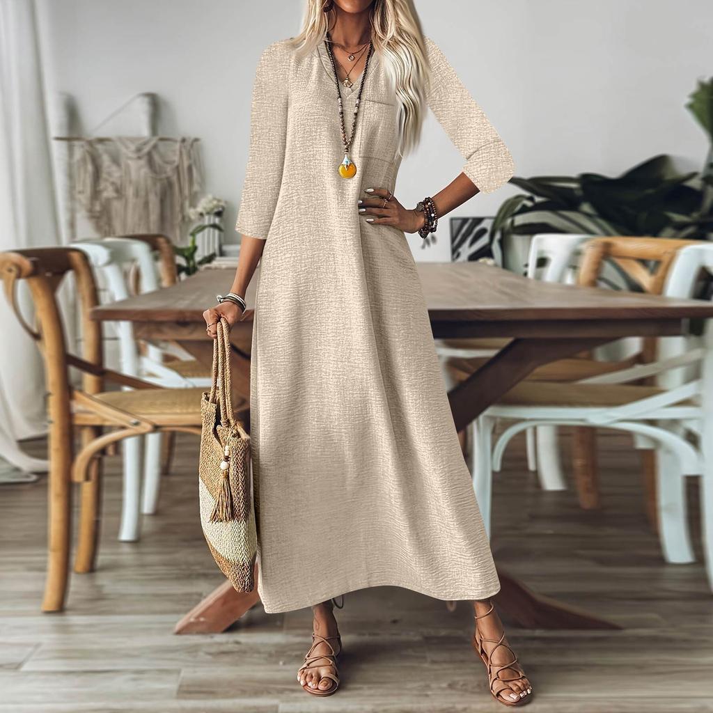 Women's Fashion V-Neck Seven Sleeve Pocket Solid Color Zipper Casual Vacation Long Cotton Linen Dresses