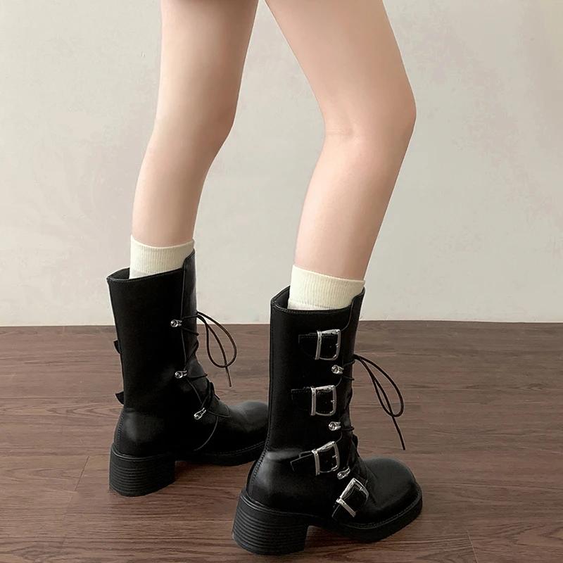 мода Ретро Стиль Женские сапоги до середины голени Модные туфли с пряжкой на ремне Осень — фото 6