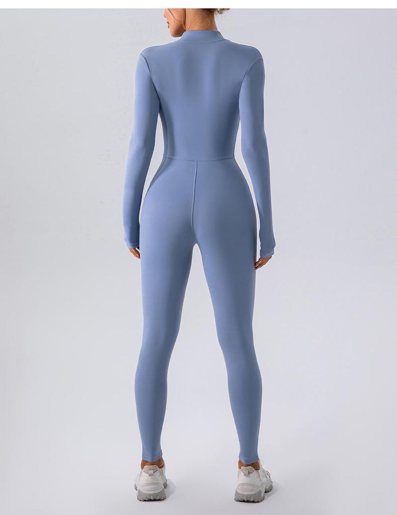 Tuta da Yoga Senza Cuciture a Manica Lunga con Zip e Pantaloncini Modellanti in Vita