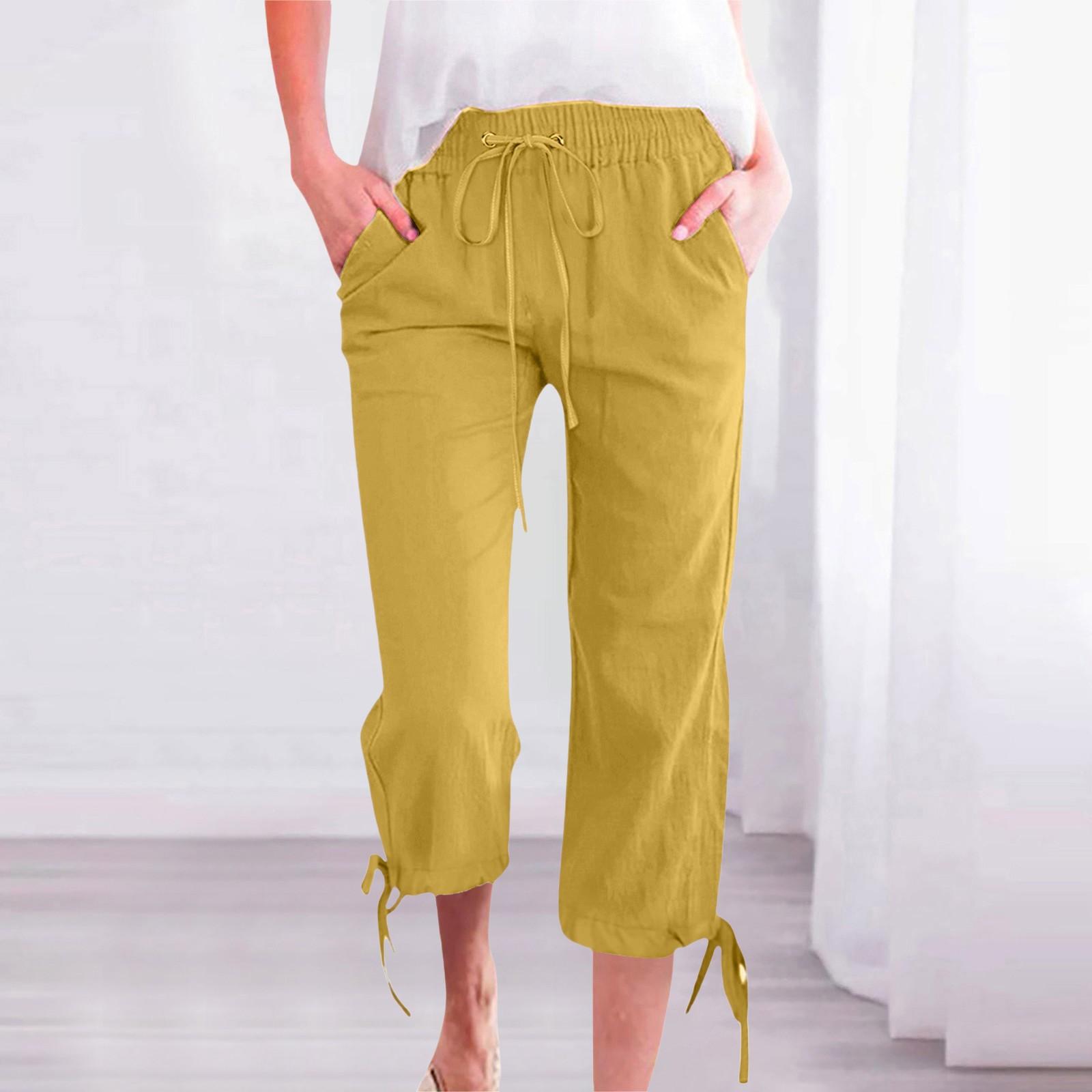 

Женские однотонные свободные брюки свободного покроя из хлопка и льна с завязками на талии и широкими штанинами с 7-точечным узором L жёлтый