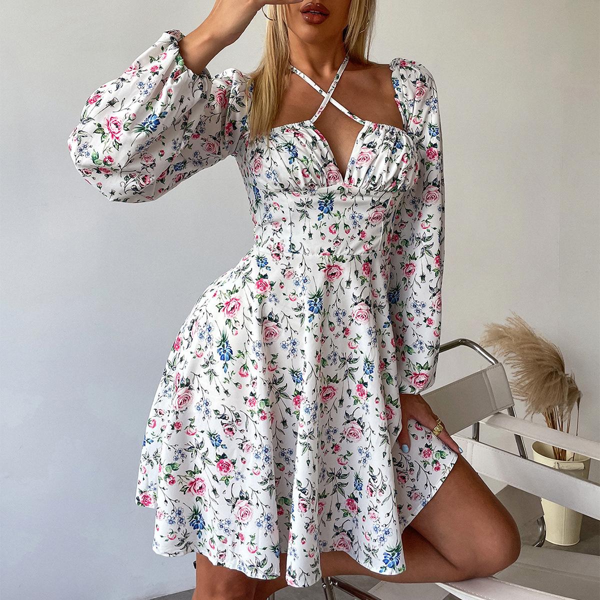 Long-sleeved spliced A-shaped skirt, European and American sexy printed backless square neck strap dress XS